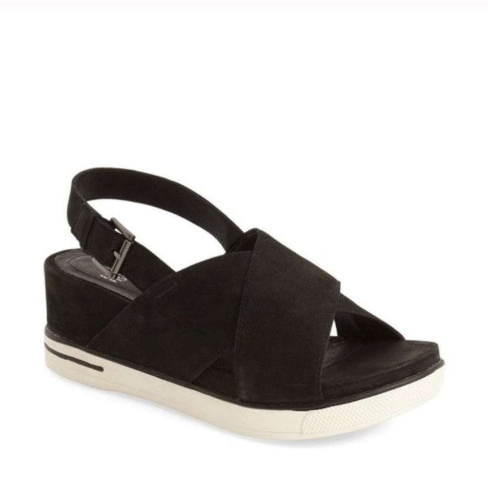 Eileen Fisher Sandals 9 Good Crisscross Platform Sport Black Leather Slingback
